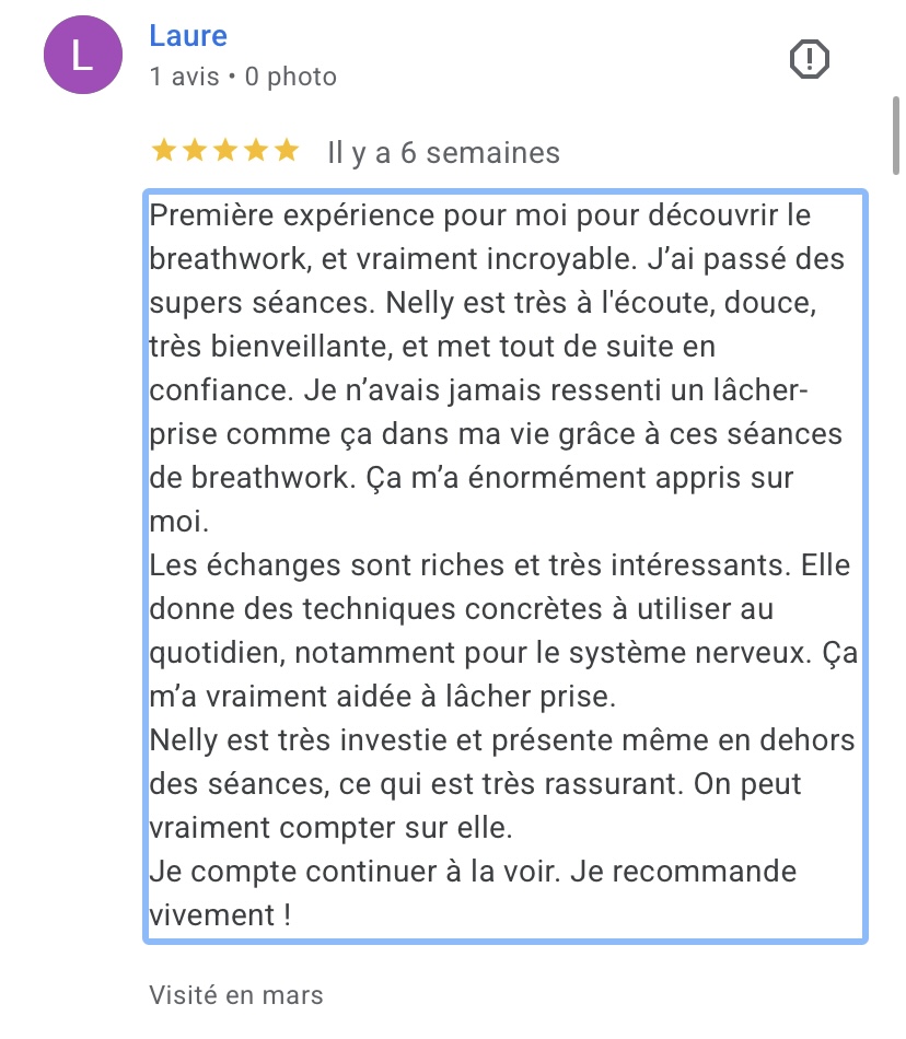 Avis Google de Laure sur Nelly Thulliez Breathwork Toulouse