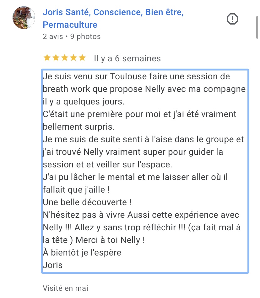 Avis Google de Joris sur Nelly Thulliez Breathwork Toulouse