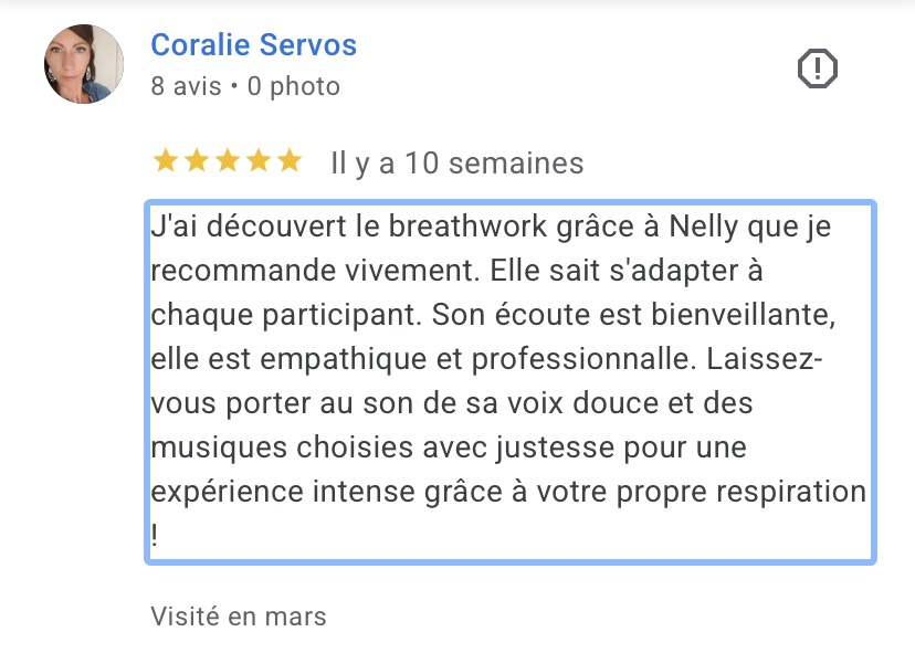 Avis Google de Coralie Servos sur Nelly Thulliez Breathwork Toulouse